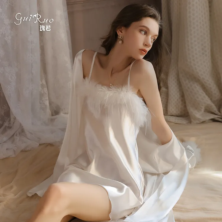 瑰新款纯欲甜美羽毛点缀诱惑大码吊带睡裙系带外袍女家居服套装