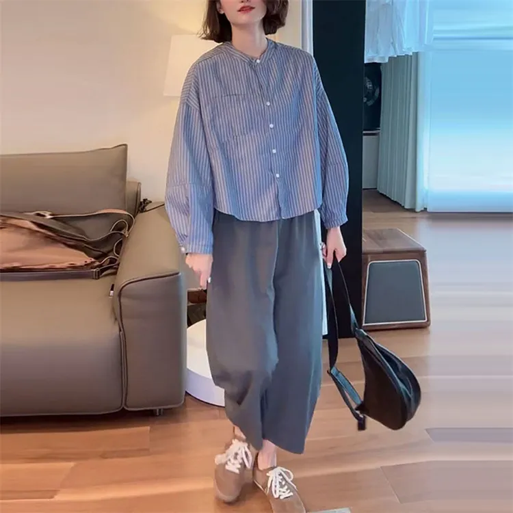 时尚套装女2025秋季新款条纹圆领长袖衬衫洋气休闲灰色高腰九分裤