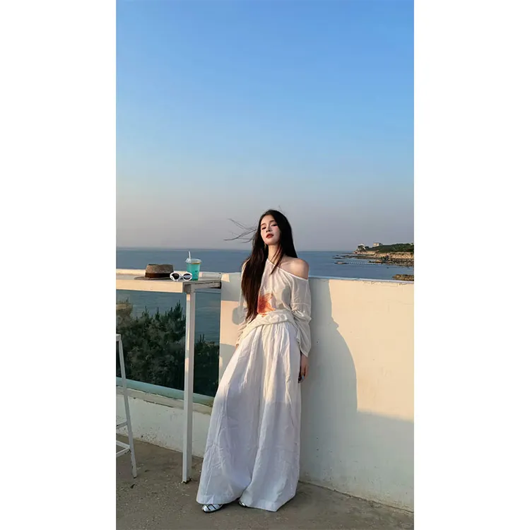 夏季美式花卉印花薄款防晒露肩罩衫上衣宽松时尚通勤纯色阔腿裤潮