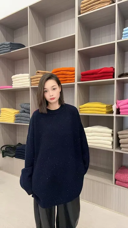 七色点子纱圆领中长款75衣长100%绵羊毛遮臀宽松型极简风