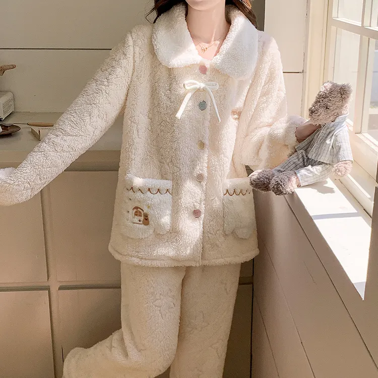 开衫保暖珊瑚绒加绒睡衣女秋冬季法兰绒加厚长袖家居服套装可外穿
