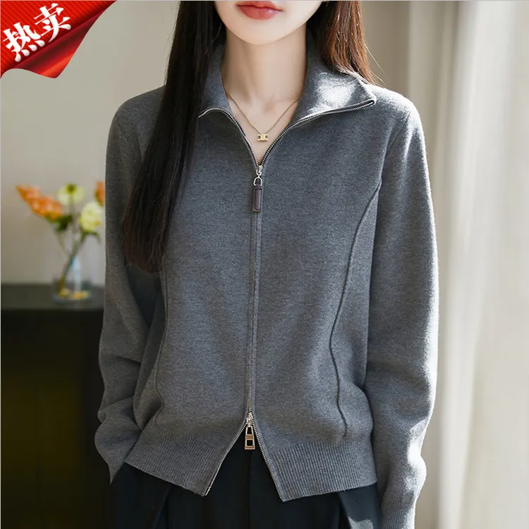 2025新款慵懒风针织开衫上衣双拉链高翻领毛衣外套秋季