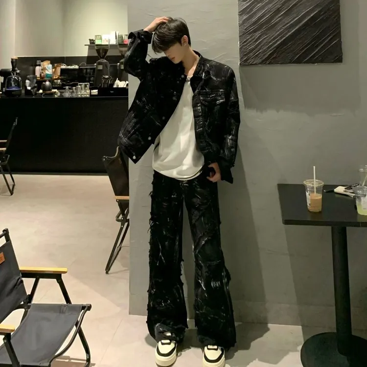 美式黑暗风潮牌高级氛围感泼墨牛仔外套破洞阔腿裤痞帅慵懒风男装