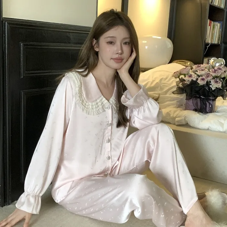 冰丝提花秋季新款睡衣女高级感蝴蝶结长袖宫廷风少女居家服小香风