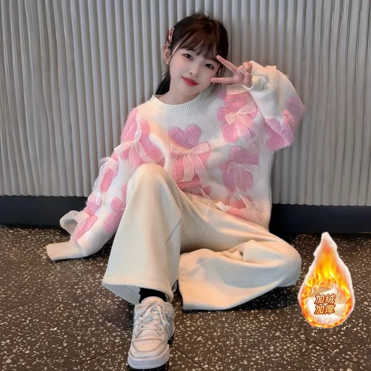 女童秋冬新款时尚卡通甜美蝴蝶结小熊毛衣休闲阔腿加绒裤两件套潮