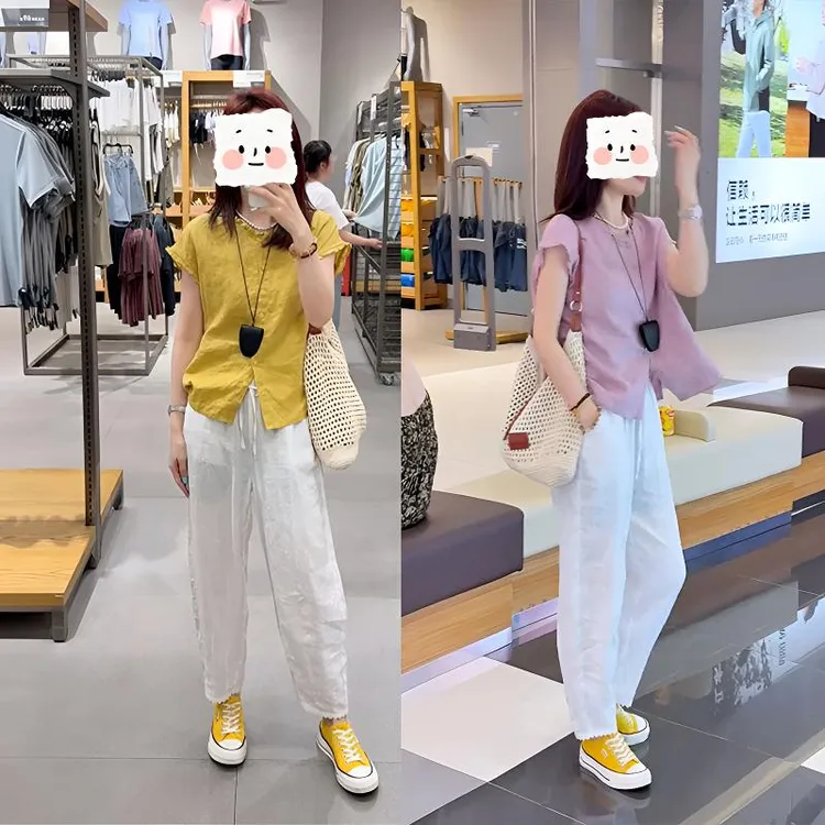 时尚套装女2025新款夏季纯色简约圆领短袖上衣高腰阔腿裤两件套