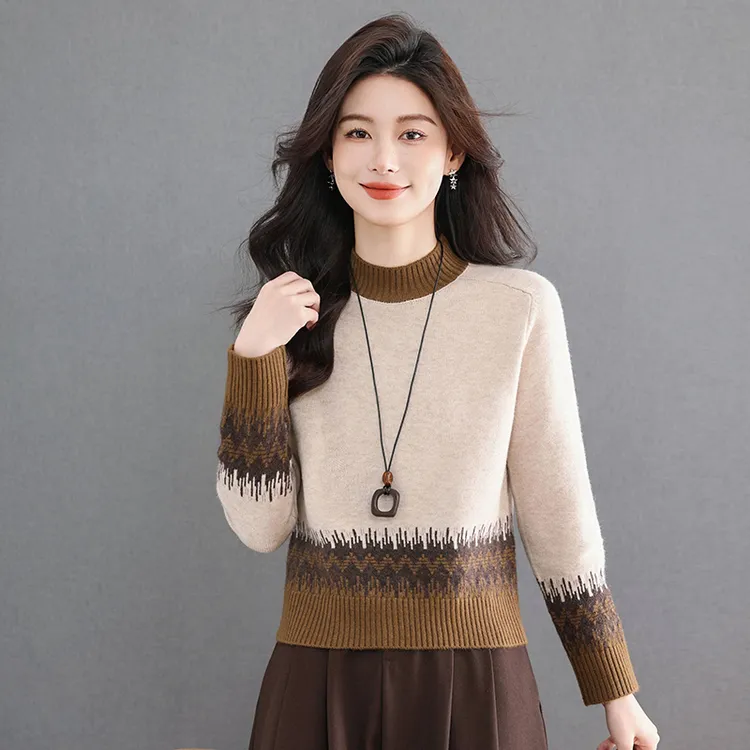 正品女装高腰短款毛衣女秋冬新款拼色提花小个子配裙子打底衫