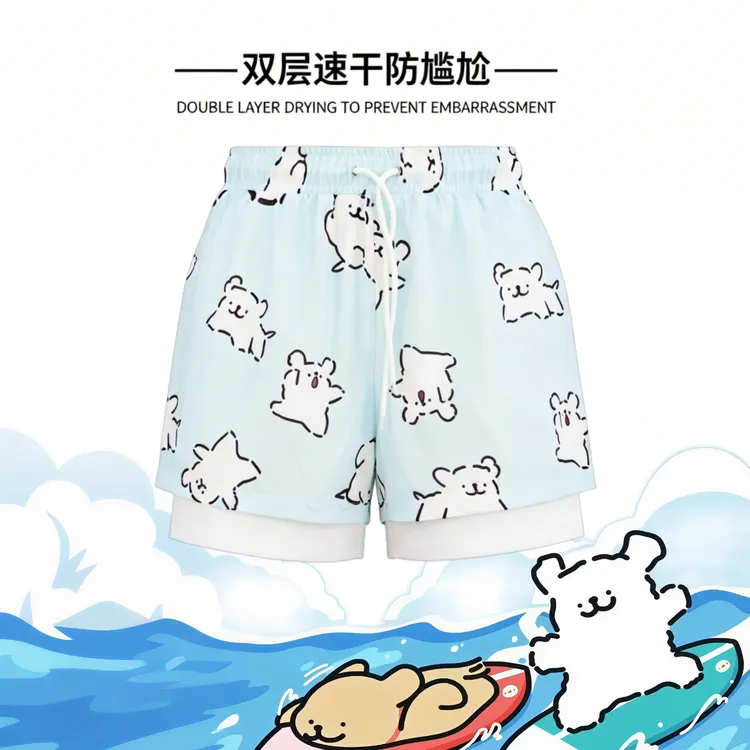 线条小狗双层防尴尬四分泳裤水陆两用速干透气宽松沙滩裤抽绳短裤