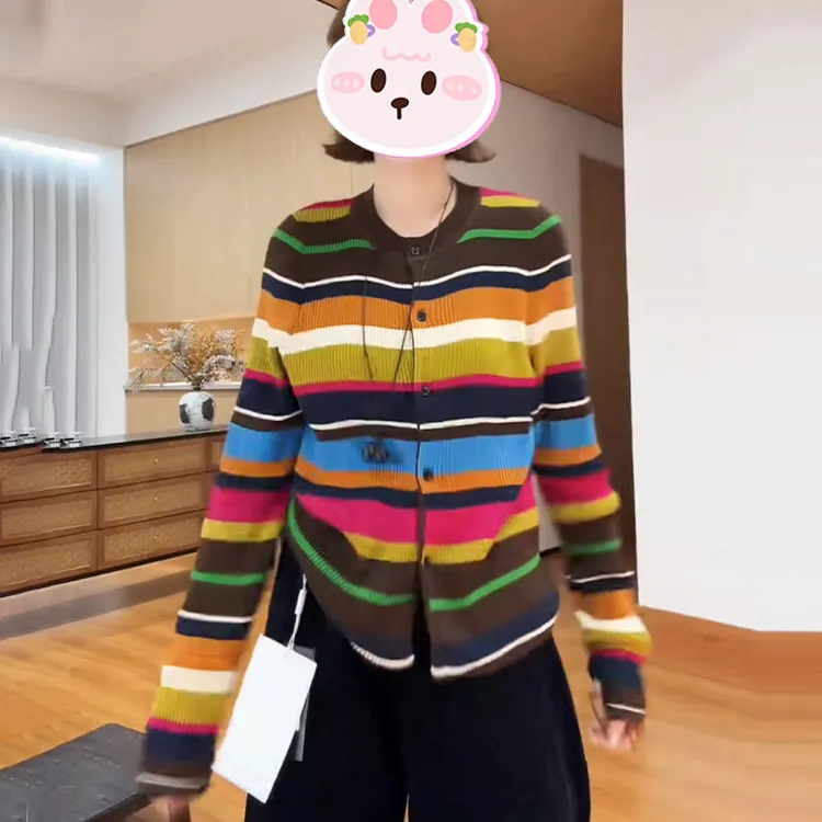 韩系多巴胺色系慵懒风针织开衫女2025秋季新款设计感撞色百搭上衣