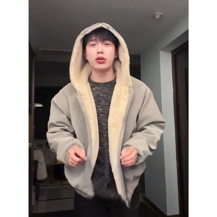 斌子同款美式连帽座山雕皮衣外套棉服男加绒加厚保暖毛领棉袄夹克