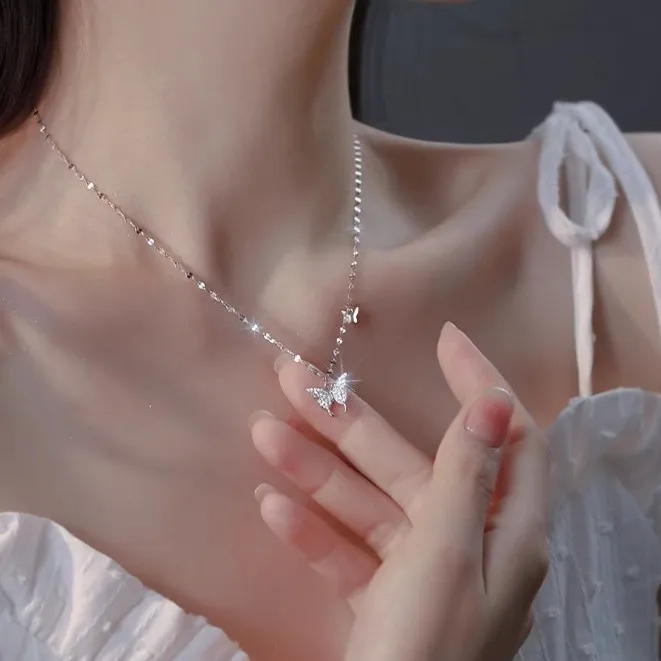 坠链均足银 【圣诞礼物】999纯银蝴蝶项链女款轻奢锁骨链生日送女友