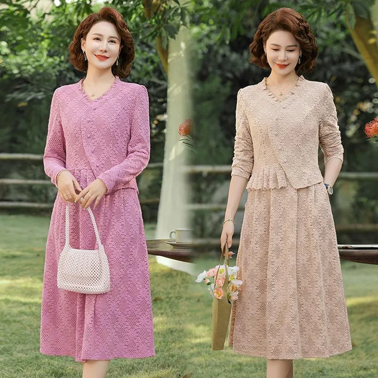 恒源祥彩羊春秋长袖气质连衣裙女2025新款中老年妈妈春款修身显瘦