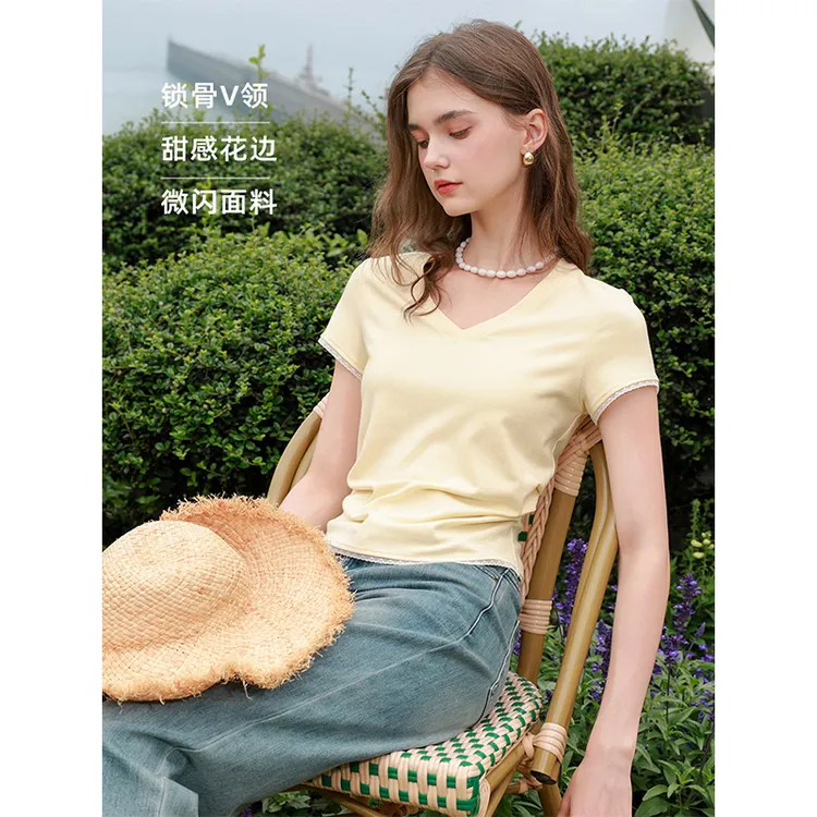 三彩2025夏季新款烫金T恤纯色V领正肩短袖上衣修身短款简约M