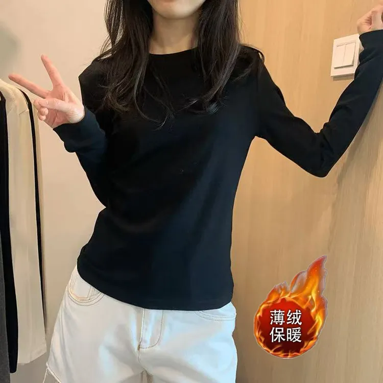 美式正肩小衫圆领长袖t恤女秋冬打底衫薄绒保暖内搭修身百搭上衣