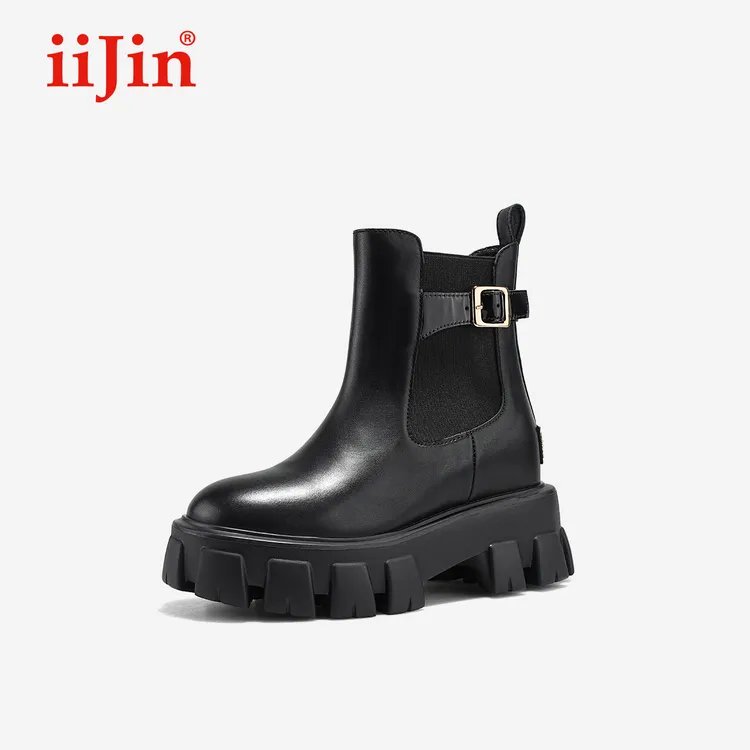 iiJin艾今25秋新品9.5cm厚底内增高超轻拼接搭扣切尔西靴女866VNE