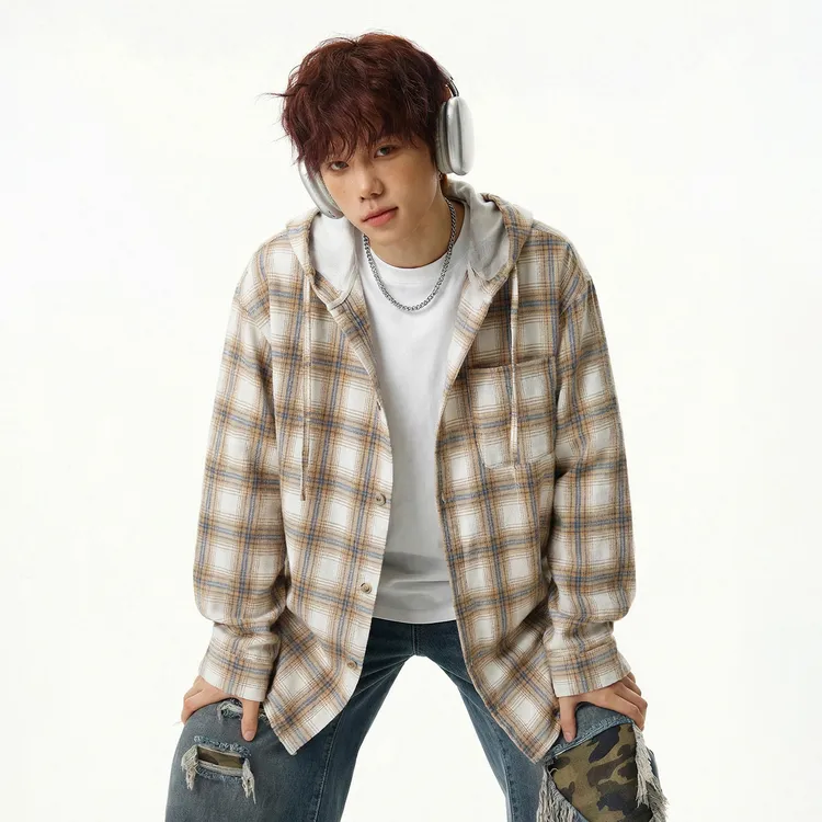 复古慵懒卡其色格纹连帽衬衫外套男春季潮流宽松休闲长袖衬衫上衣