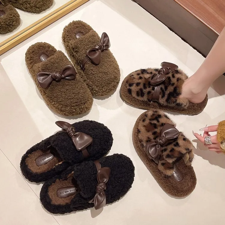 厚底豹纹包头半拖毛毛拖鞋女外穿2025秋冬季新款松糕洋气保暖棉拖