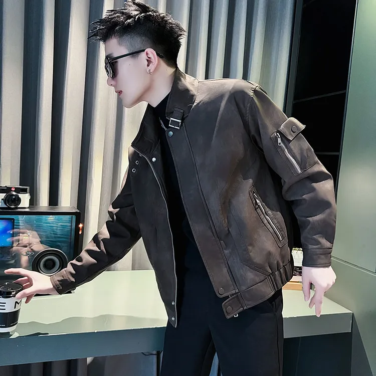 设计感拼接机车皮衣外套男士秋冬季潮牌立领夹克2025新款短款上衣
