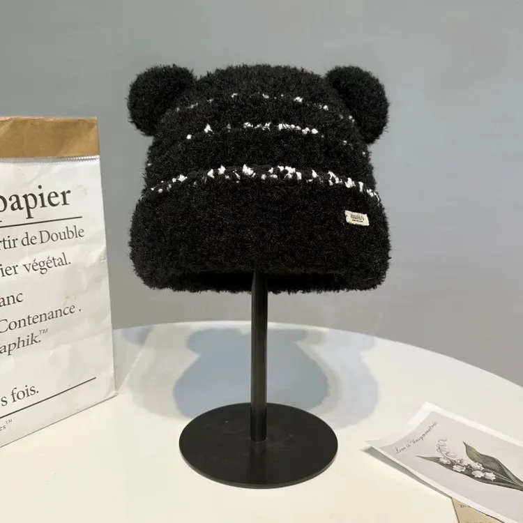 可爱条纹毛绒小熊套头帽女秋冬出游保暖骑行百搭软糯针织套头帽子