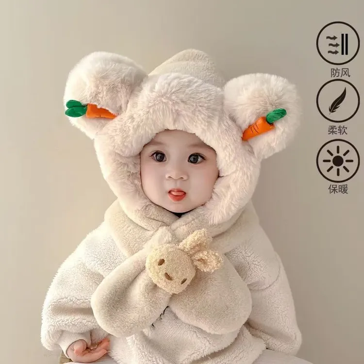 儿童冬季保暖帽子宝宝围巾一体可爱超萌男女童加厚保暖婴儿护耳帽