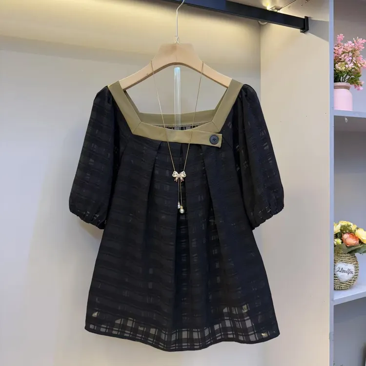 2025夏大码女装欧货设计感方领高级感韩版宽松女人衫