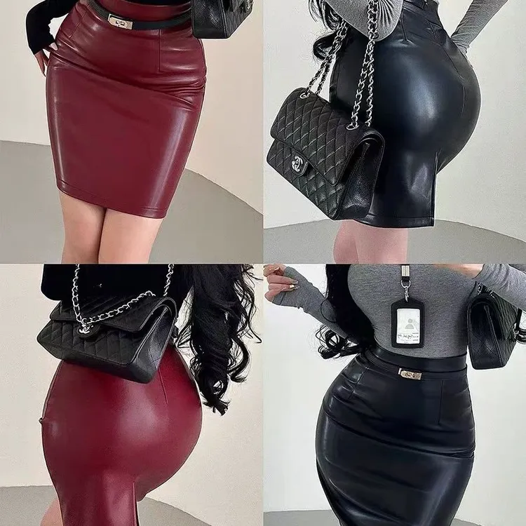 高腰显瘦中长款pu皮包臀半身裙适合通勤