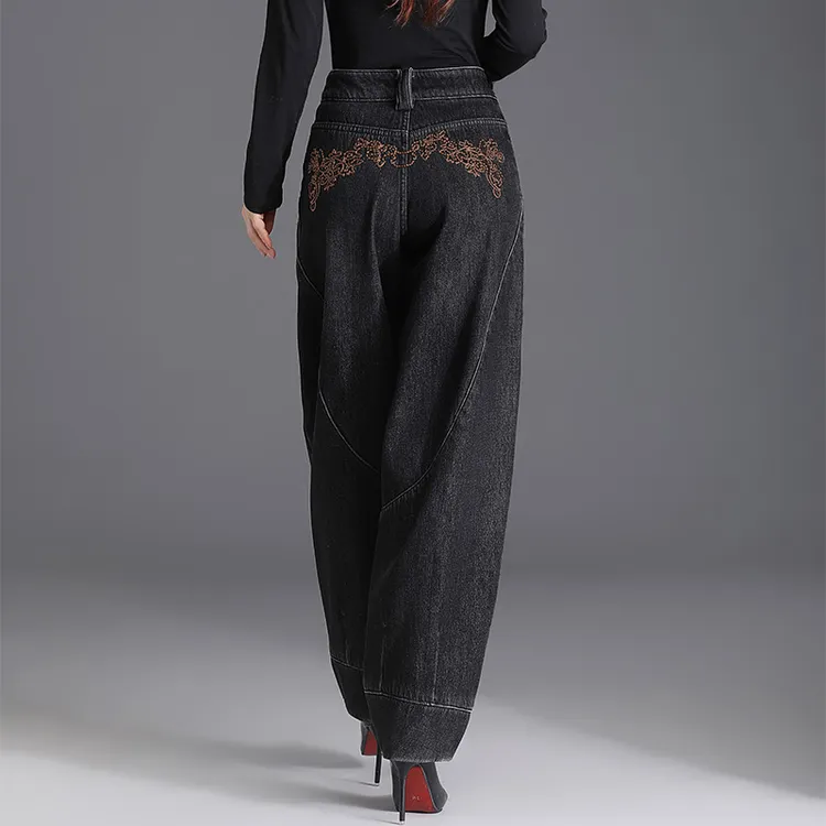 2025秋冬加绒刺绣花高腰牛仔裤女阔腿灯笼裤女百搭休闲萝卜裤时尚