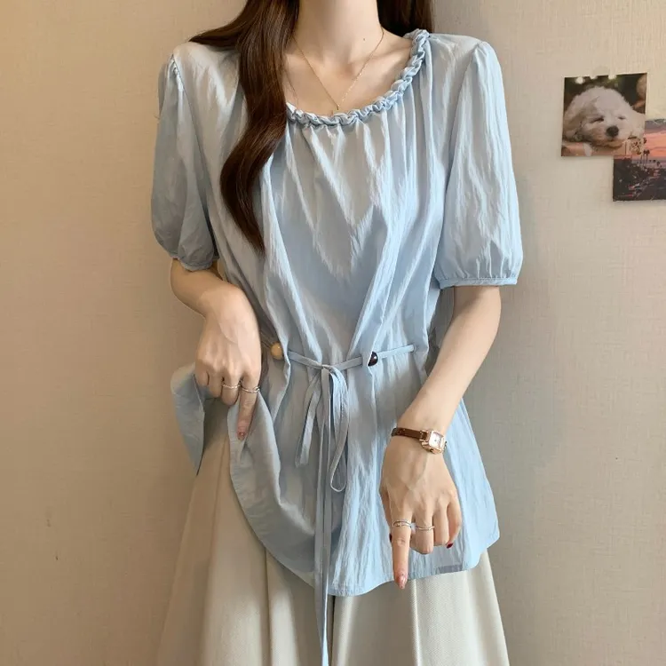 大码遮肚子系带短袖衬衫女夏季新款胖MM宽松显瘦百搭洋气收腰上衣