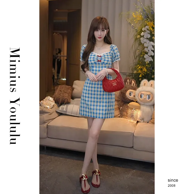 【mimius】L 童话田园风撞色收腰泡泡袖连衣裙（后松紧） G04514