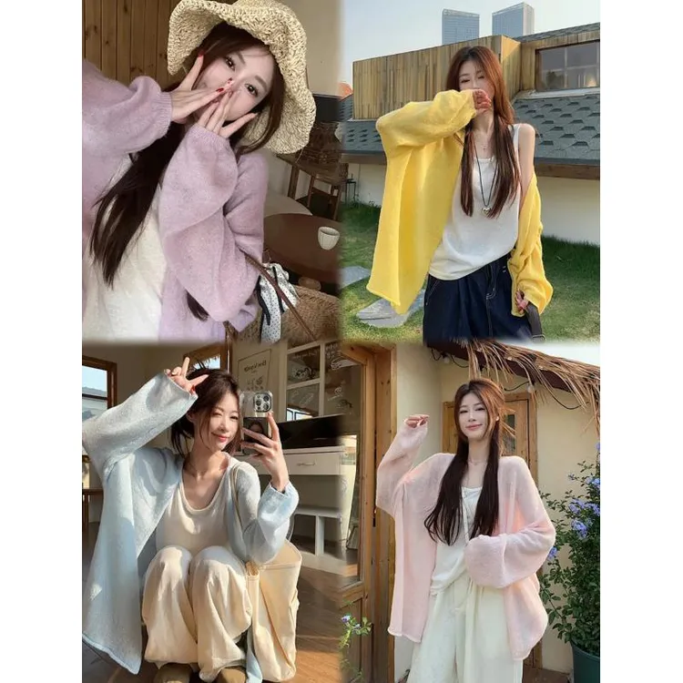 奶油衫新款灯笼袖空调衫薄开衫毛衣针织女宽松百搭显瘦上衣c33508