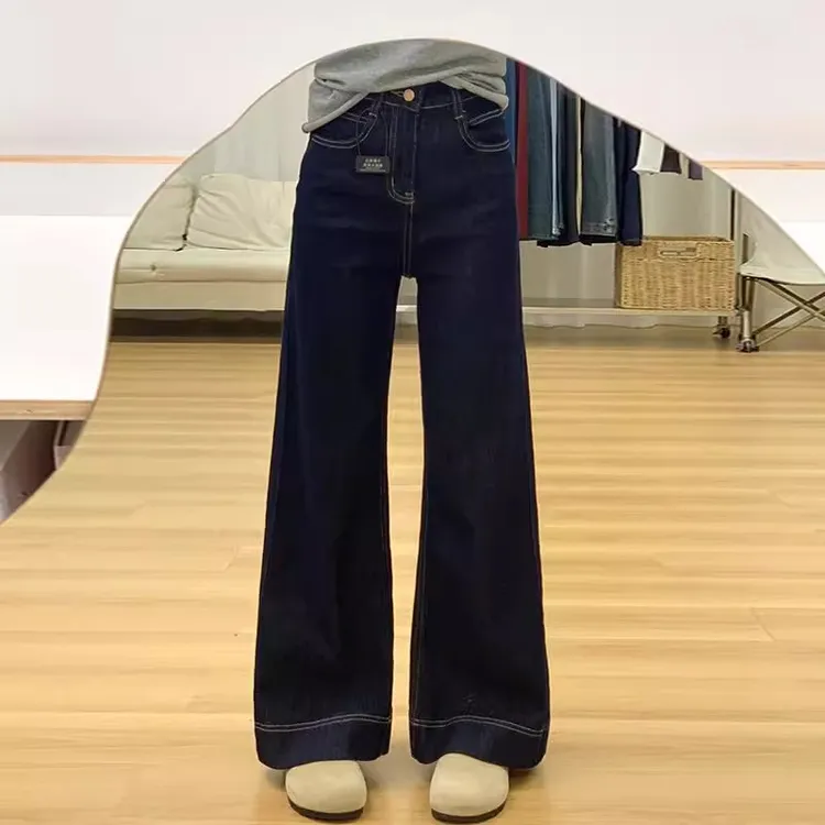 丹宁深蓝微喇牛仔裤女2025早秋新款复古小众高腰显瘦垂感拖地裤子