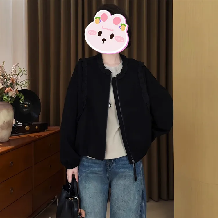 韩版木耳边拼接圆领短款外套女秋季新款外搭宽松时尚休闲夹克上衣