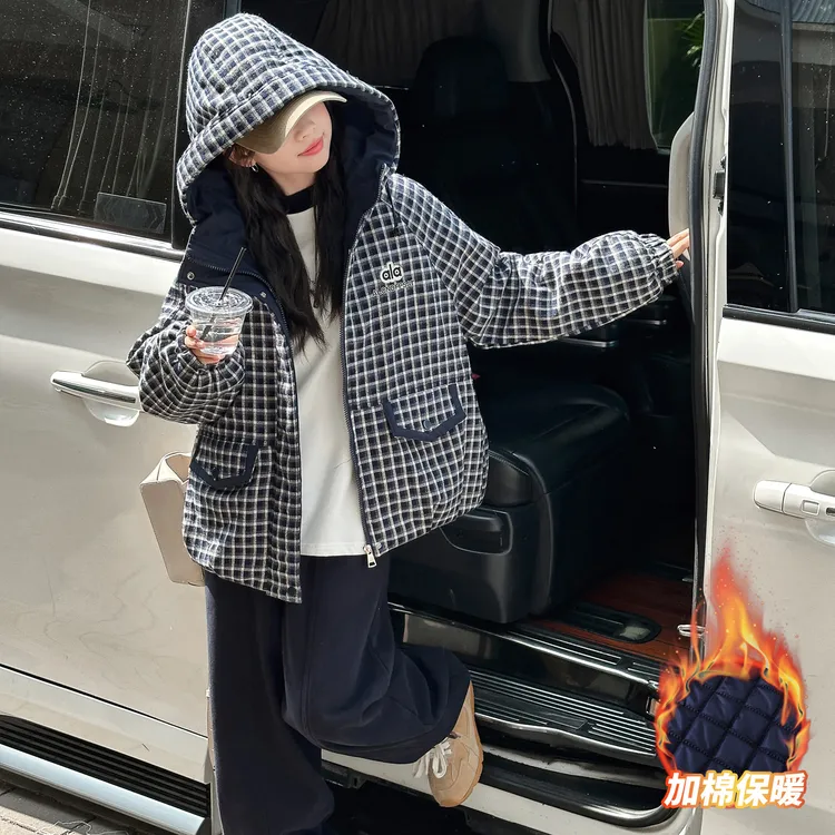 女童格子棉衣外套秋冬款2025新款爆款女大童儿童冬季夹棉加厚棉服