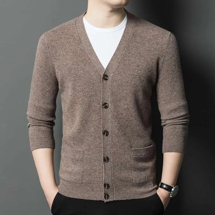 秋冬季高端羊毛衫男新款潮牌休闲纯色领开衫男士薄款纯羊绒毛衣