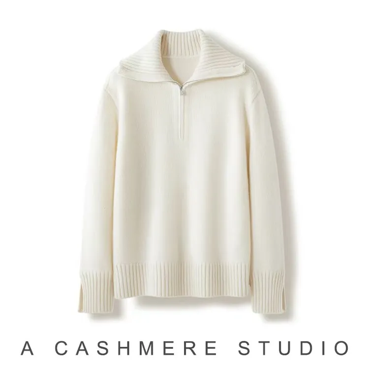 LP同款意大利进口纱秋冬女士100%山羊绒翻领半拉链羊绒衫针织衫