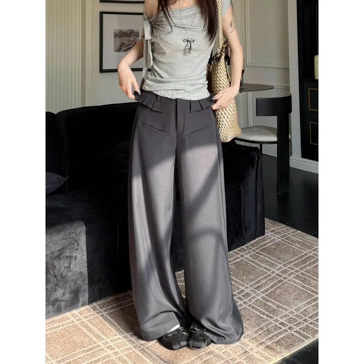 慵懒风设计感小众荷叶边休闲裤女春季低腰宽松百搭直筒拖地裤长裤