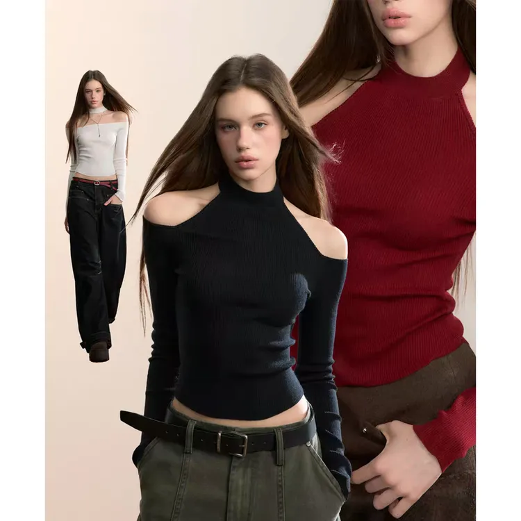 设计感正反两穿小高领露肩毛织打底T恤女装秋冬修身上衣 Z 5003#