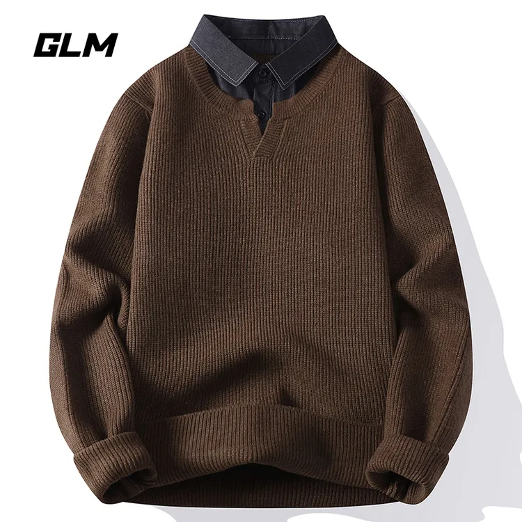GLM衬衫领针织衫男士秋冬假两件毛衣英伦风内搭纯色翻领毛线衣