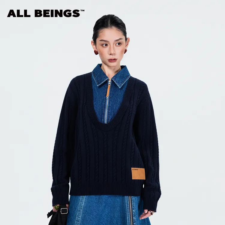 ALL BEINGS25年秋冬套头时尚复古半拉链牛仔拼接解构V领毛衣女