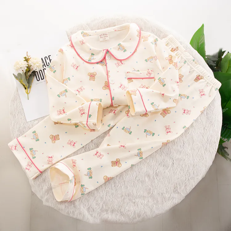 秋冬季纯棉休闲风家居服套装空调服薄款卡通长袖亲子装A类