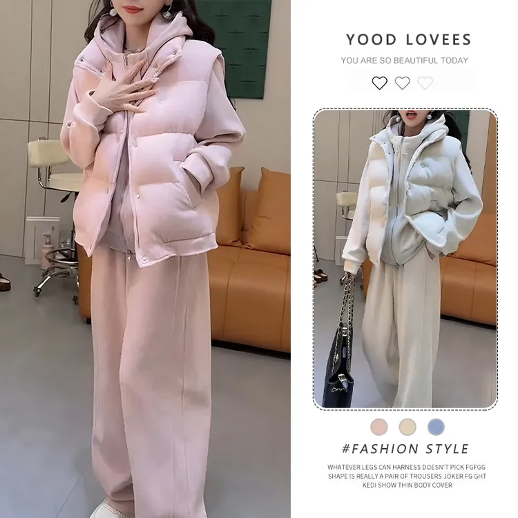 韩式极简风休闲时尚套装女秋冬加绒加厚卫衣外套马甲阔腿裤三件套