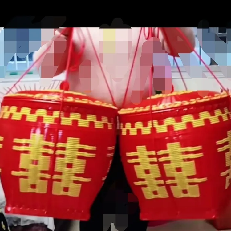 纯手工塑料编织手提箩筐结婚喜事家用购物篮手提藤编篮子簸箕拜神