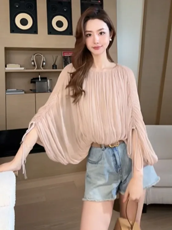 法式气质褶皱肌理感系带衬衫女装2025夏季新款休闲百搭超好看上衣