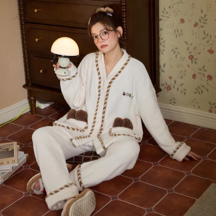 珊瑚绒秋冬季睡衣女款爆款2025新款保暖半边绒加厚加绒家居服套装