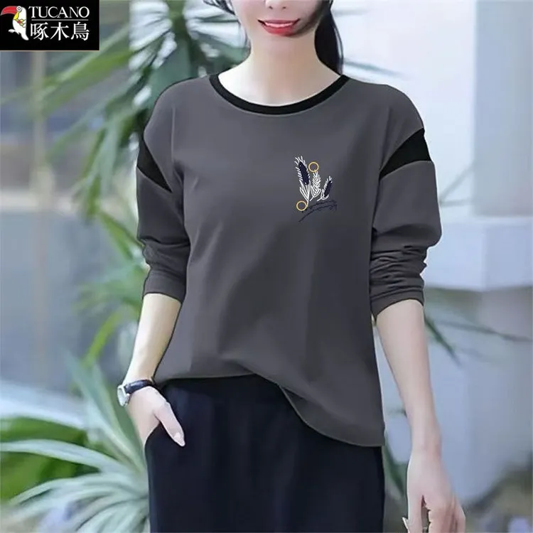 啄木鸟正品2026长袖拼接休闲风圆领抗起球女T恤韩版春季显瘦上衣