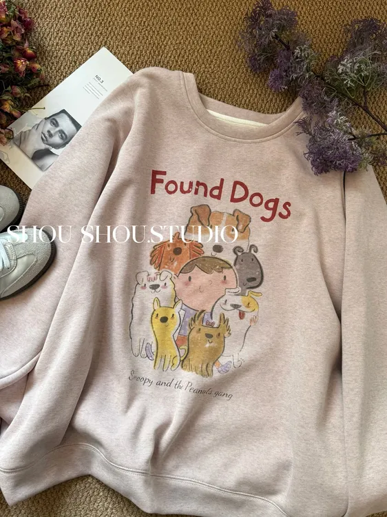  【瘦瘦】狗狗派对-大码圆领可爱无感印花加绒卡通百搭卫衣S02164