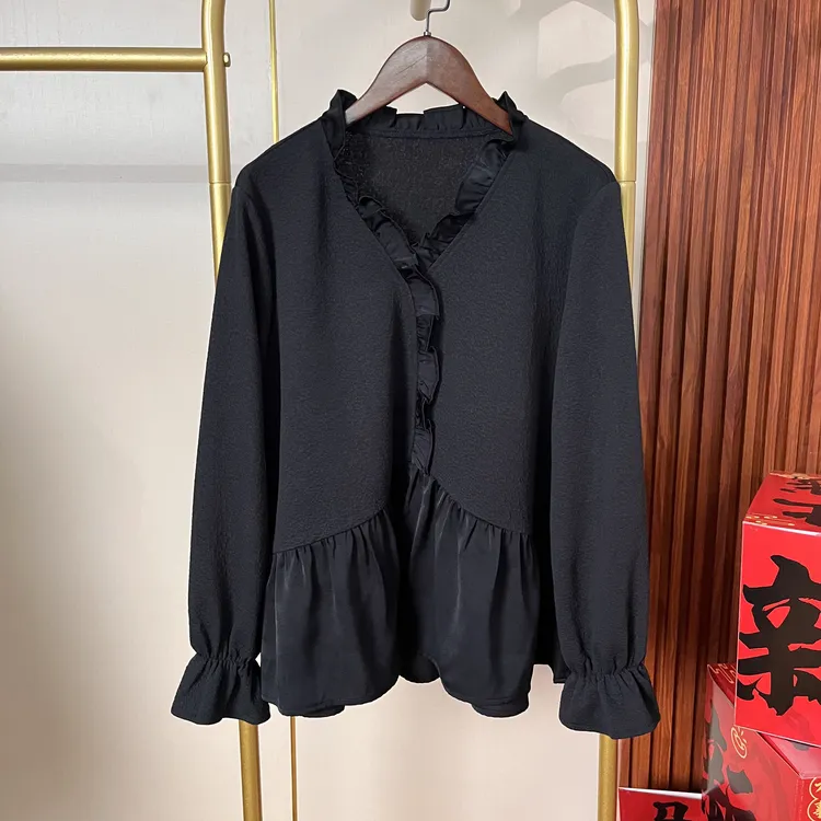 【佳佳】119黑色长袖轻奢时尚秋冬女内搭拼接打底衫爆款气质百搭