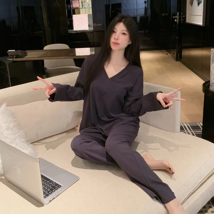 纯色睡衣女春秋季新款休闲简约纯棉V领长袖套装可外穿慵懒家居服