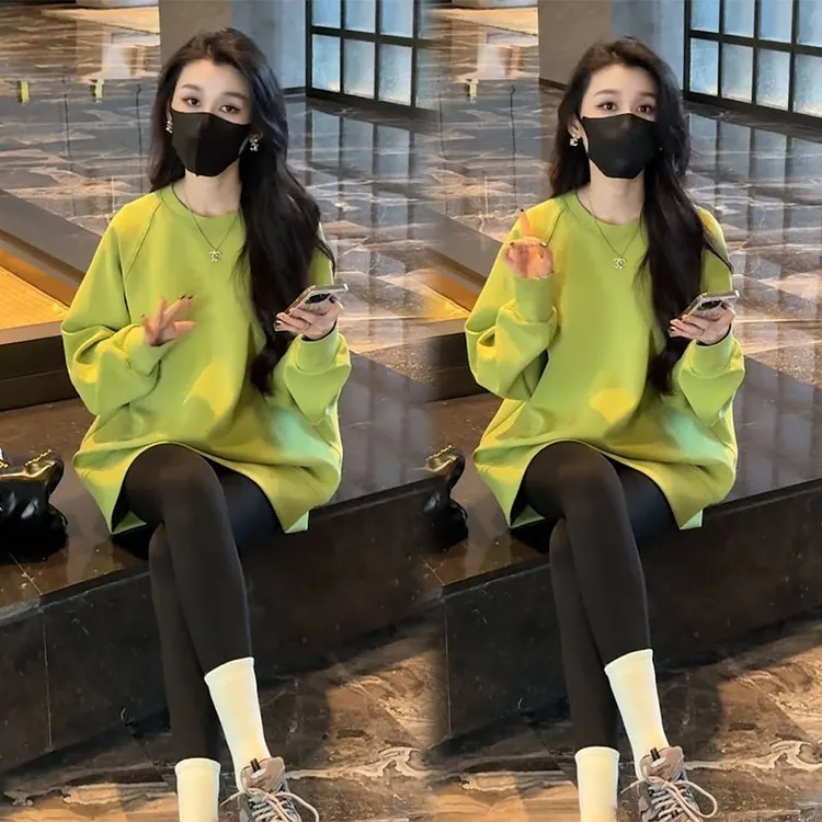 韩版圆领长袖中长款卫衣女春季新款时尚洋气百搭宽松显瘦上衣外套