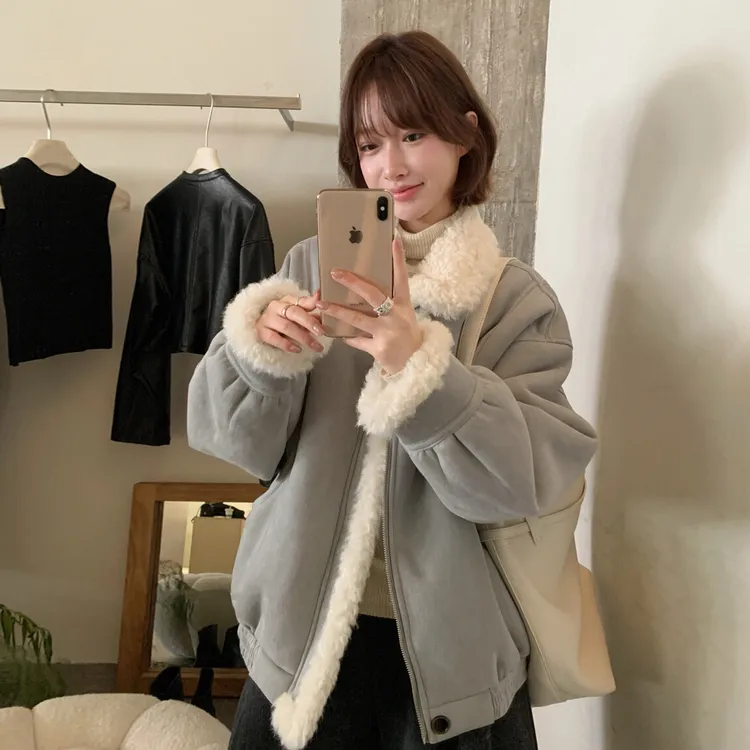 韩系温柔甜美气质百搭加厚保暖羊羔毛翻领皮毛一体翻领外套